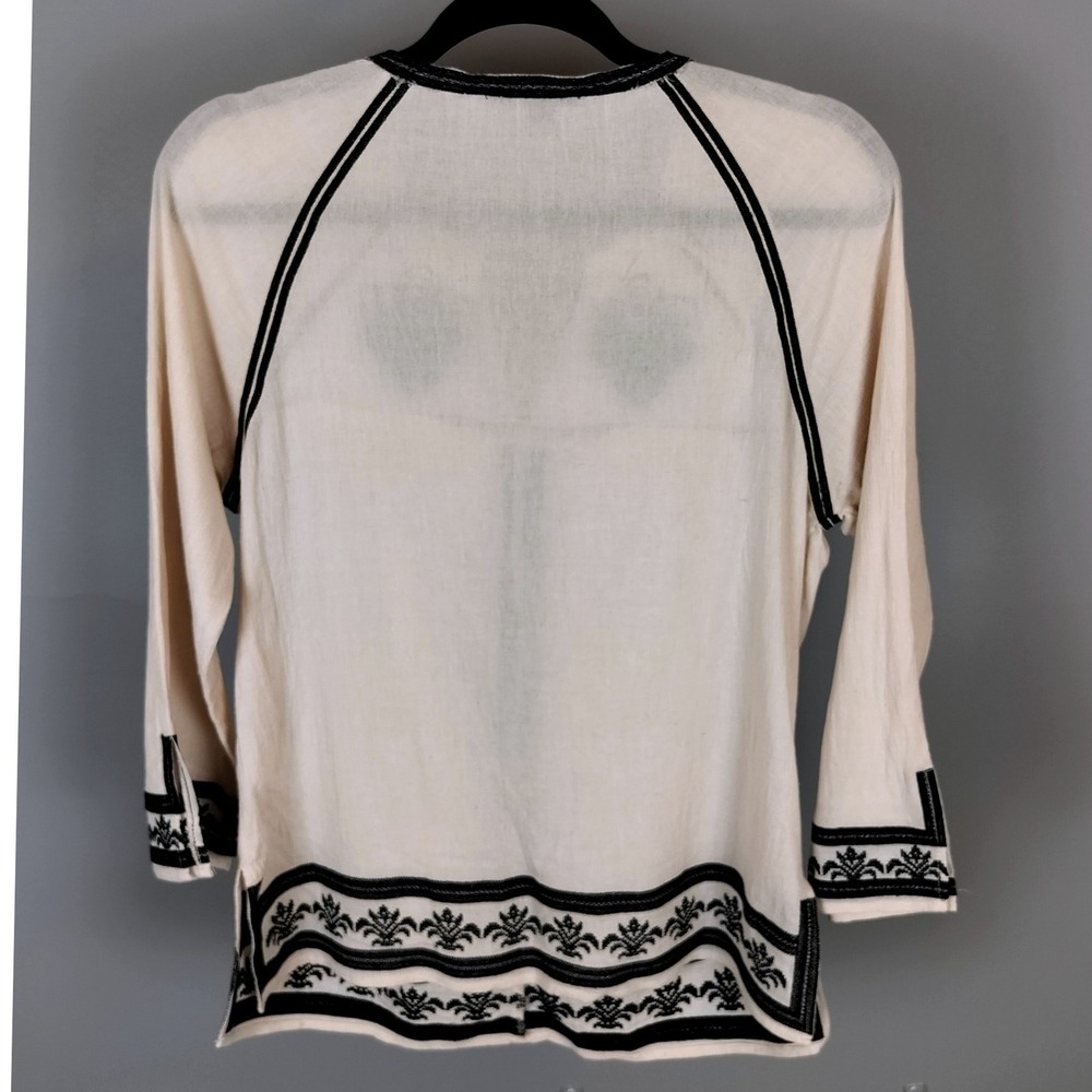 Arynk Cotton Embroidered Peasant Top Womens Small Cream‎ Black Boho Gauze Blouse - Picture 2 of 5